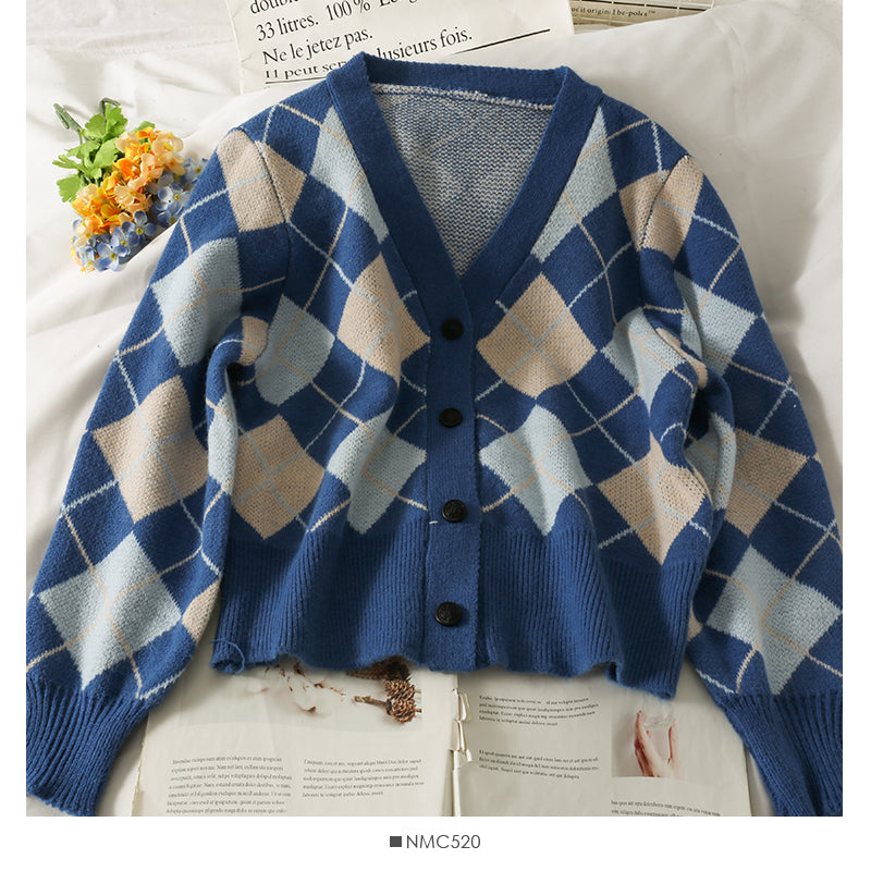 Einreihiger Pullover mit V-Ausschnitt und Rautenmuster für Damen 1778