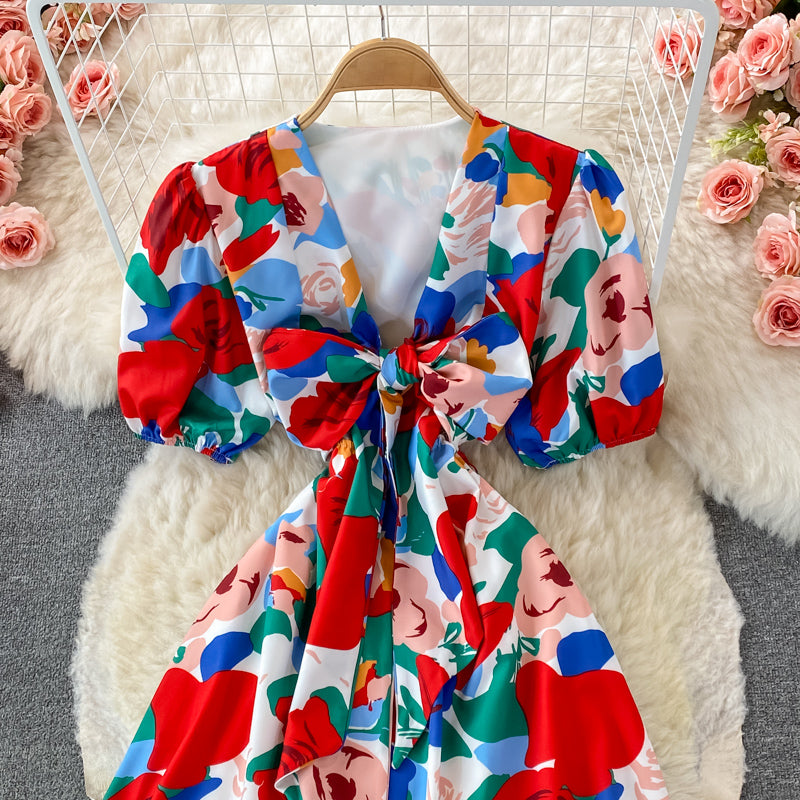 French retro V-neck Floral Dress  2923