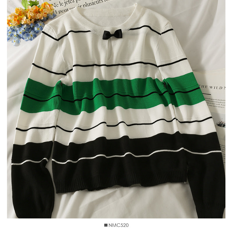 Contrast stitched striped bow Crew Neck Long Sleeve T-Shirt  2062