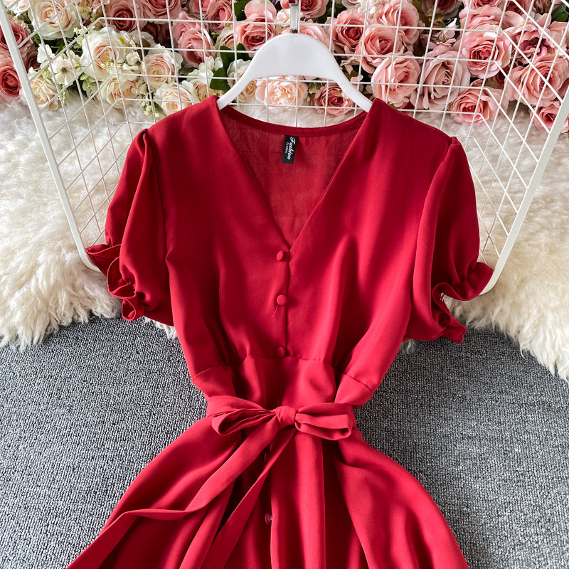 French Retro Red V-neck bubble sleeve dress  3184