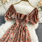French sweet waist closing thin square neck bubble sleeve Floral Dress  3189
