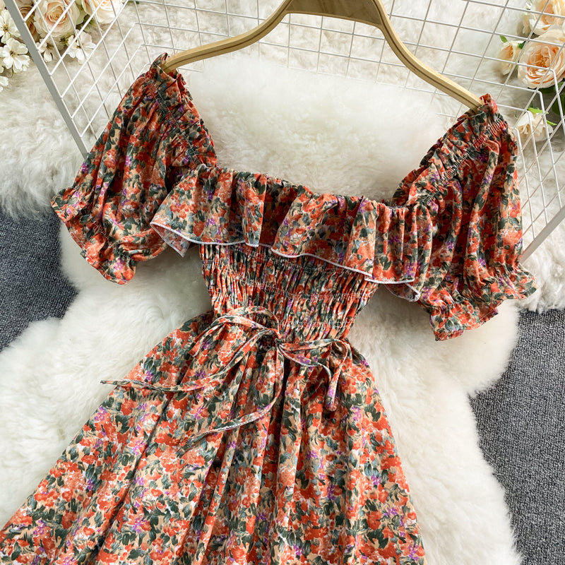 French sweet waist closing thin square neck bubble sleeve Floral Dress  3189