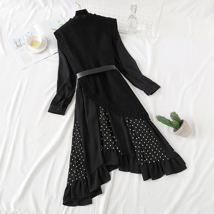 Knitted vest suit temperament two-piece suit with slim waist  2302
