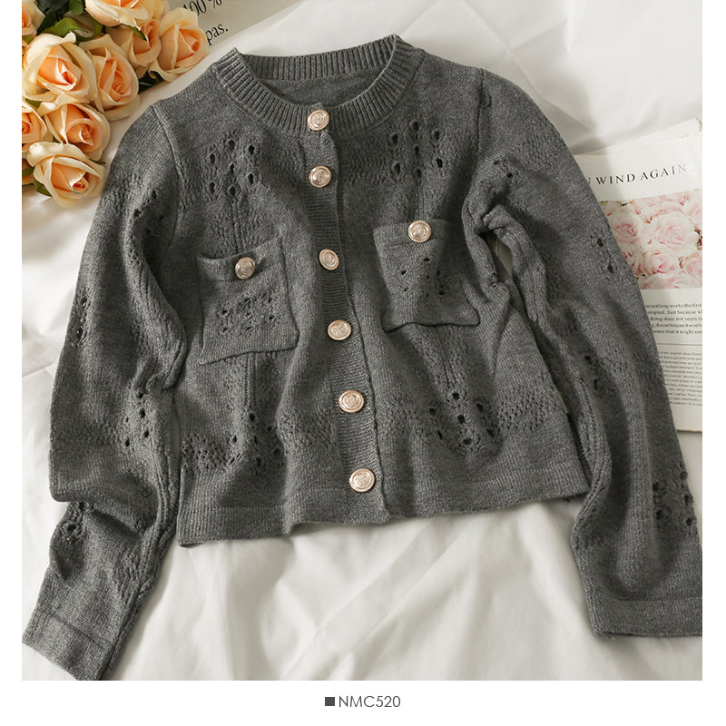 Sweater female hollow out Crochet pocket design top Korean single sweater  2059