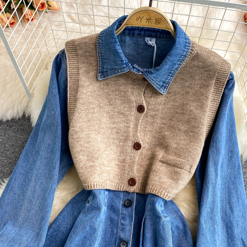 High waist slim long sleeve Lapel denim dress  3378