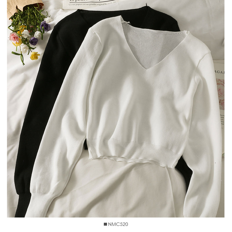 French minority V-neck Pullover short long sleeve sweater women  1886