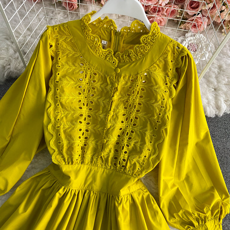 Vintage Lace Lace Up Pilzrand Laternenärmelkleid 3180