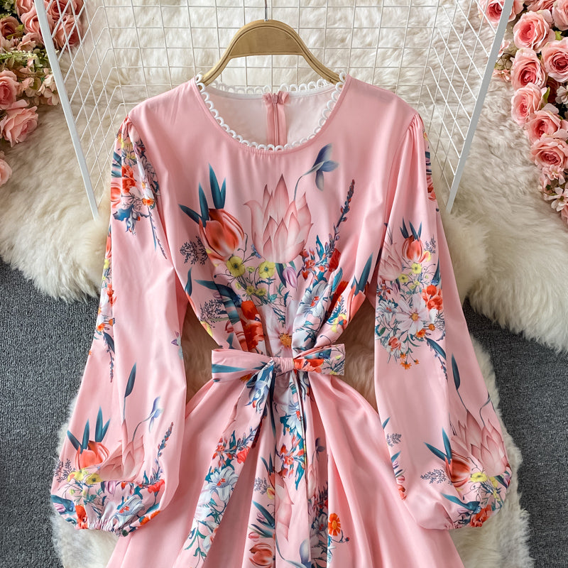 Court Style Vintage Lace Up waist slim print Crew Neck Dress  3211
