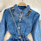 Vintage-Revers-Blasenärmel-Design, hohles Jeanskleid 3019