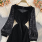 Medium length square neck velvet stitched Sequin bubble sleeve  3091