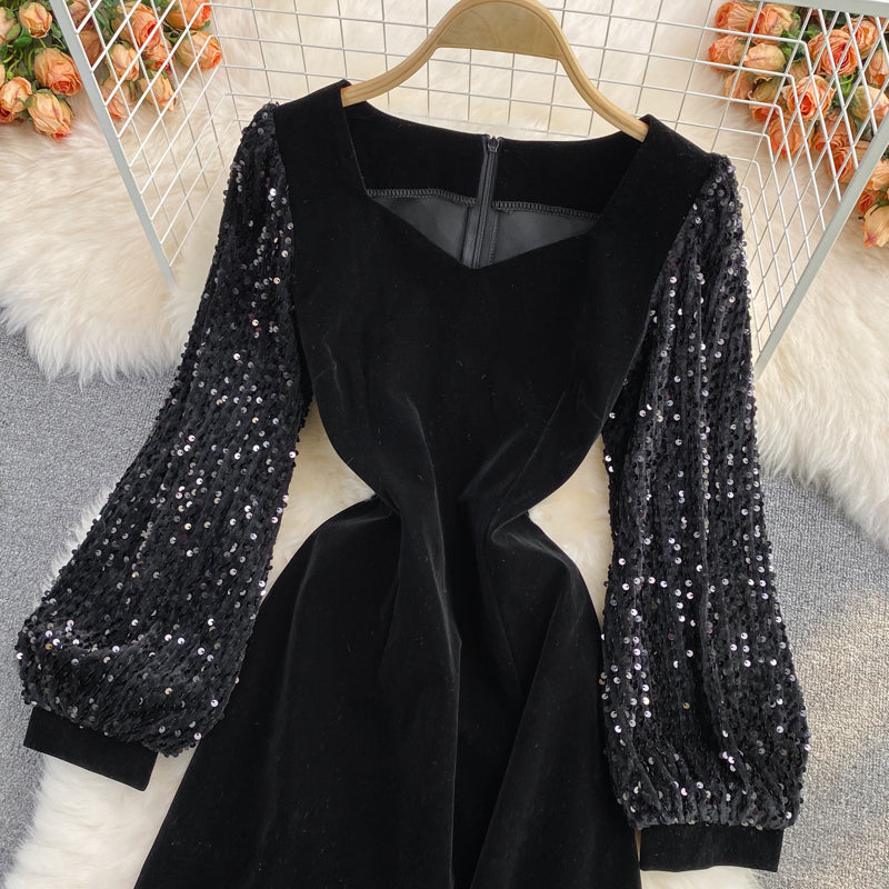 Medium length square neck velvet stitched Sequin bubble sleeve  3091