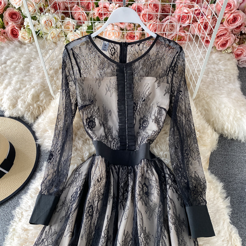 Mesh stitched Lace Waist high-end solid dress  3181