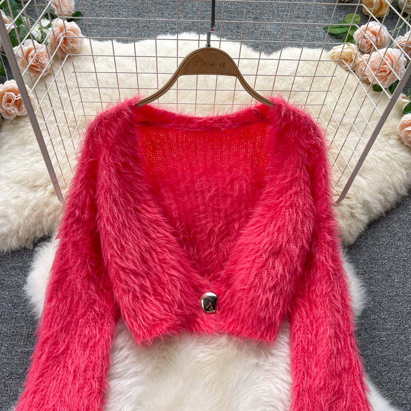 Kurzer Mohair Cardigan Damen Plüsch Pullover Mantel 1598