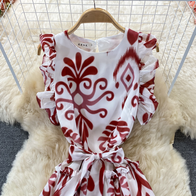 Blue and white porcelain printed Ruffle sleeveless Crew Neck Dress  2981