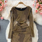 Tassel stitched bright silk irregular fold wrap hip round neck dress  3093