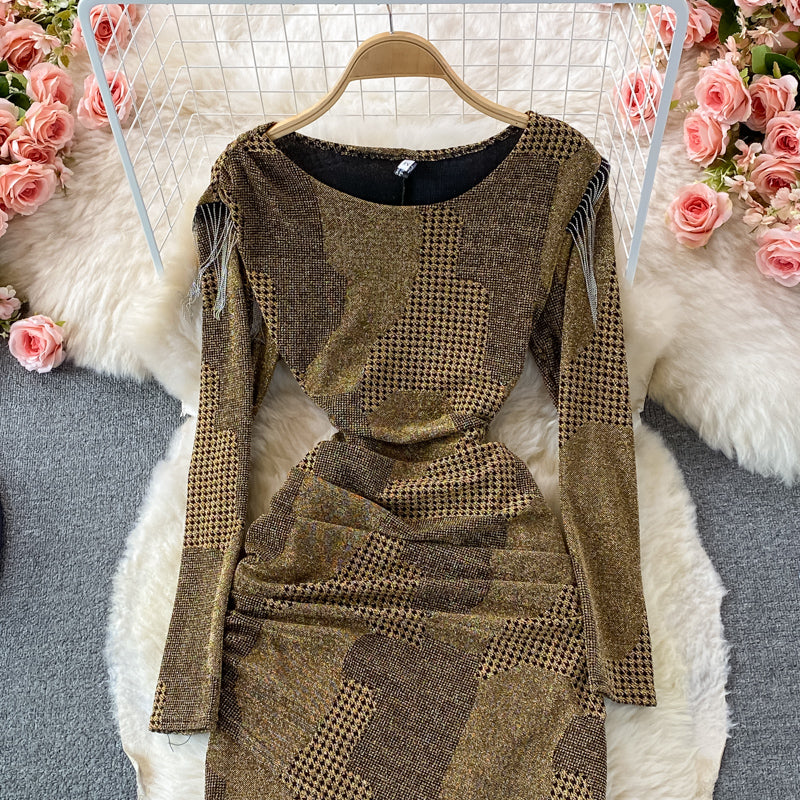 Tassel stitched bright silk irregular fold wrap hip round neck dress  3093