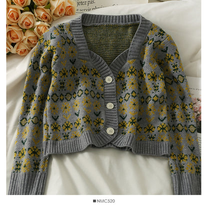 Sweater women's Vintage printed low neck single breasted cardigan top  1836