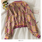 Vintage Print diamond check loose long sleeve top women's autumn V-neck two button short sweater  2066