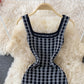 Suspender skirt shows thin ice silk knitted Plaid Hip Wrap Dress  2756