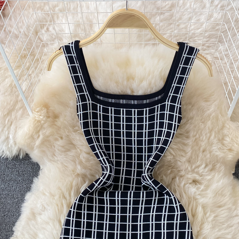 Suspender skirt shows thin ice silk knitted Plaid Hip Wrap Dress  2756