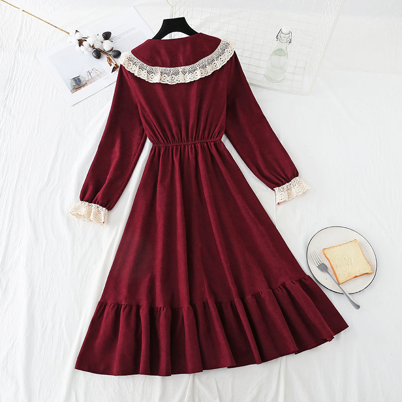 Female doll collar red corduroy dress  2180