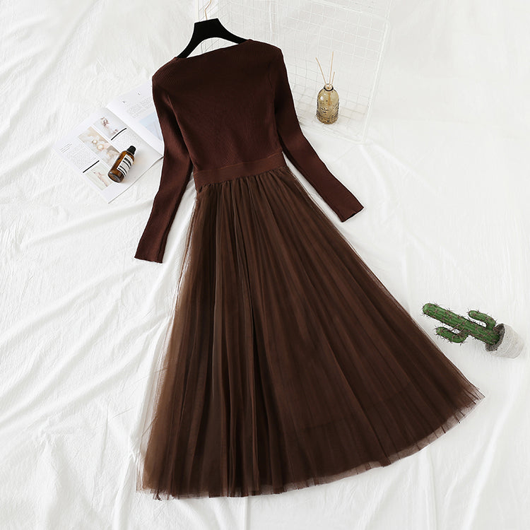 French Vintage mesh stitching knee length sweater skirt  2360