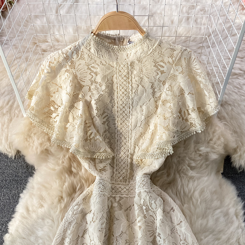 Französisches schlankes Temperament schmales Spitzenkleid mit Stehkragen 3340