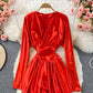 Satin high waist with thin V-neck irregular dress  3352