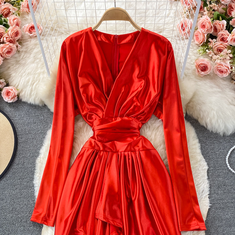 Satin high waist with thin V-neck irregular dress  3352