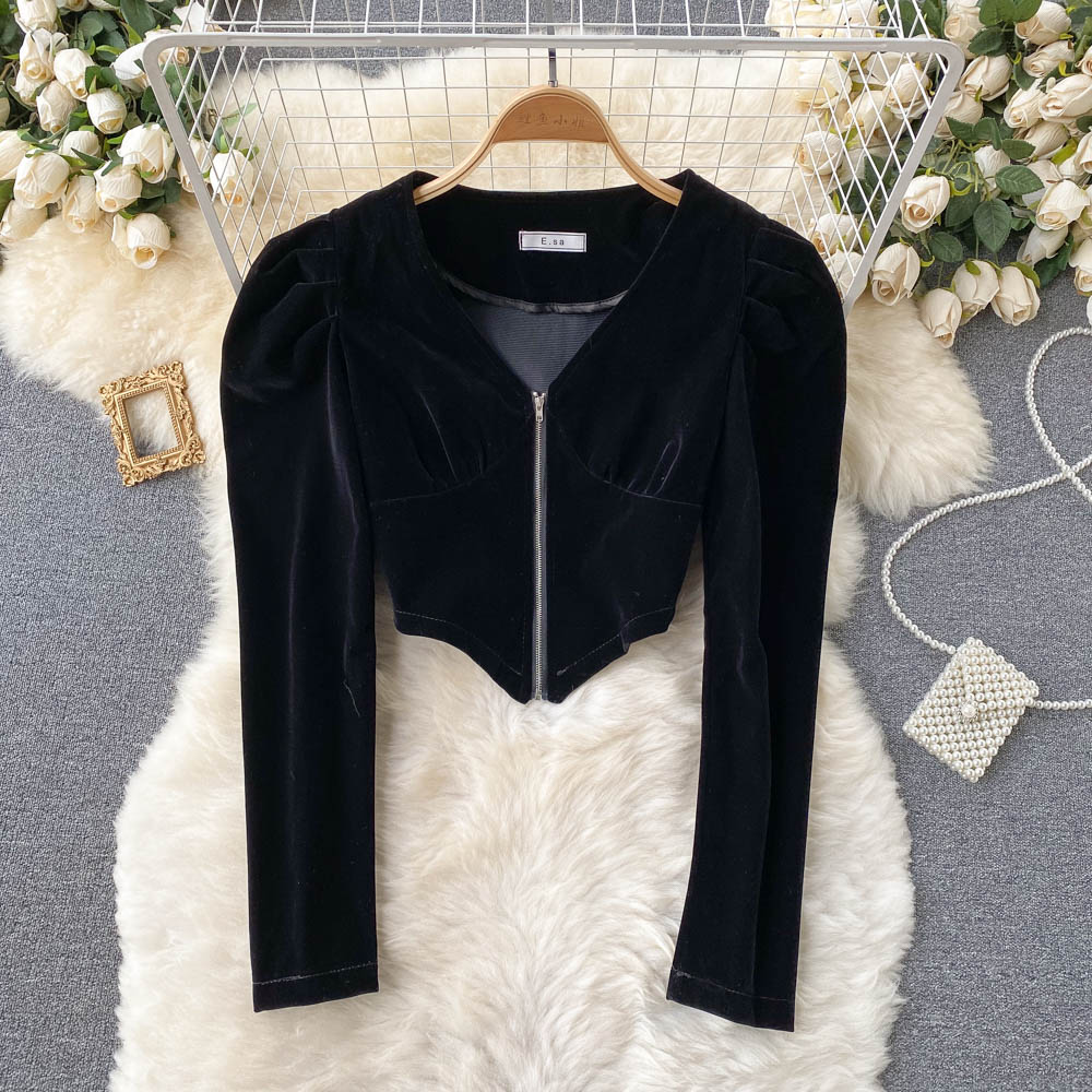 French retro velvet niche V-neck zipper bubble sleeve  1557