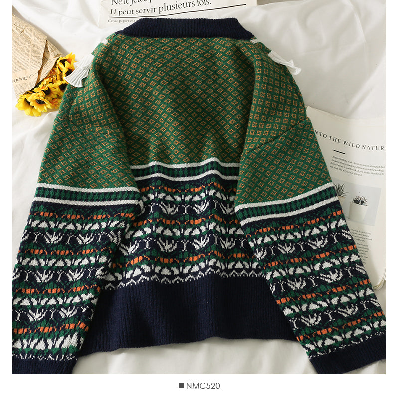 Korean retro fungus edge stitched round neck long sleeve Pullover Sweater  1979