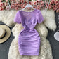 French square neck bubble sleeve mesh Pleated Dress  2787