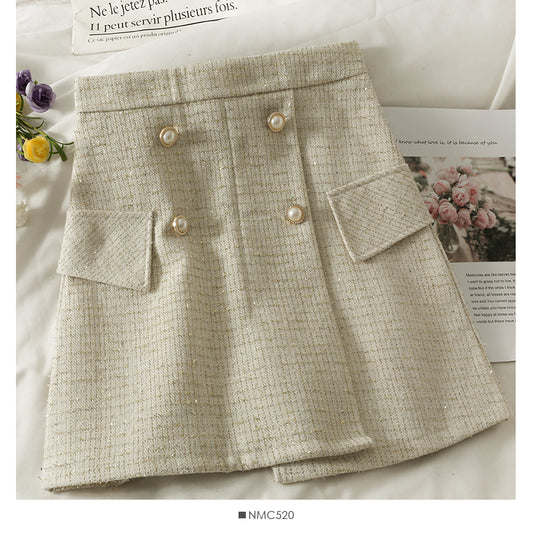 Hong Kong style retro bright silk Plaid tweed high waist A-shaped skirt  2527