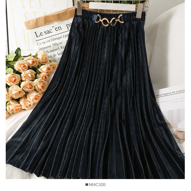 Korean Vintage golden velvet elastic waist thin skirt  2607