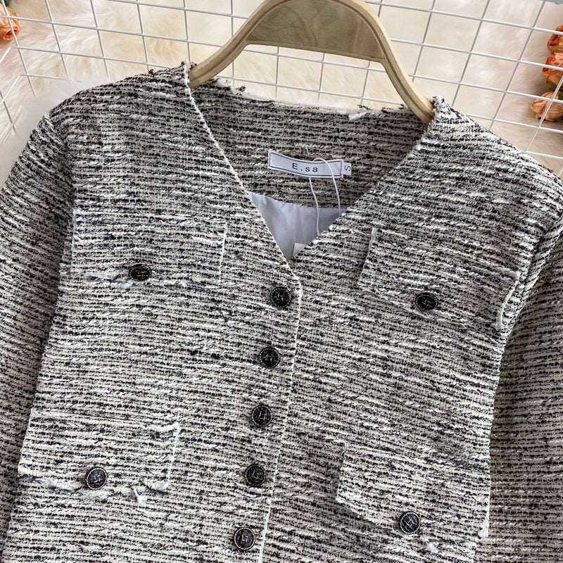 Small fragrance woven short V-neck coat for women  1676