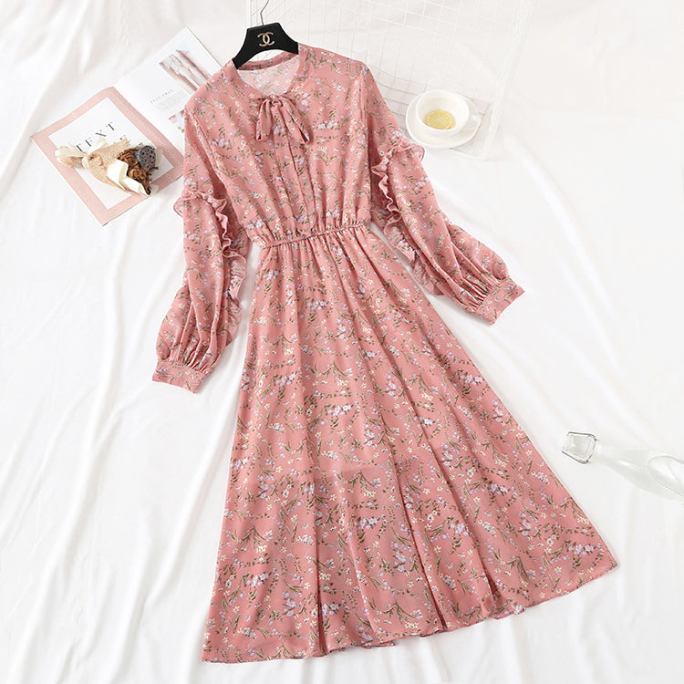 Long sleeve bow tie lace up Ruffle Bubble Sleeve Chiffon Skirt  2354