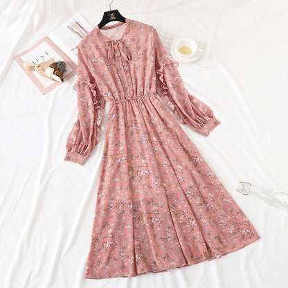 Long sleeve bow tie lace up Ruffle Bubble Sleeve Chiffon Skirt  2354