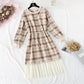 New French Vintage Plaid long sleeve waist closing slim skirt  2293