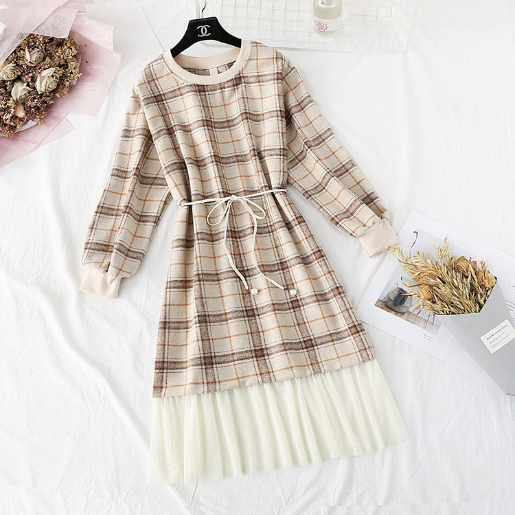 New French Vintage Plaid long sleeve waist closing slim skirt  2293