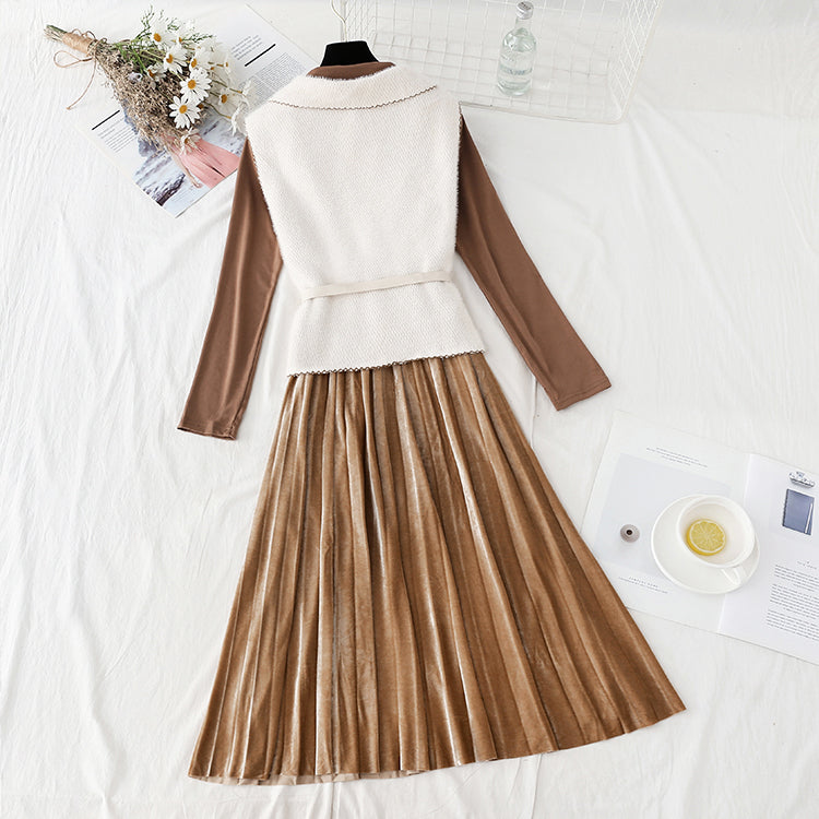 New vest velvet pleated skirt temperament two piece set  2405