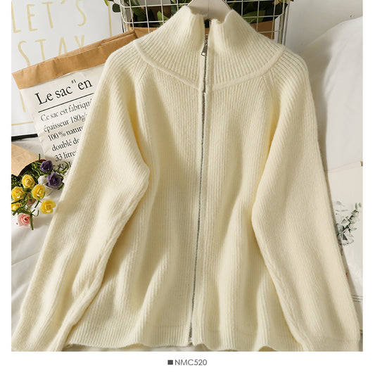 Han Fan hochgeschlossener, lockerer und dünner, mittellanger Pullover mit Reißverschluss für Damen 1977