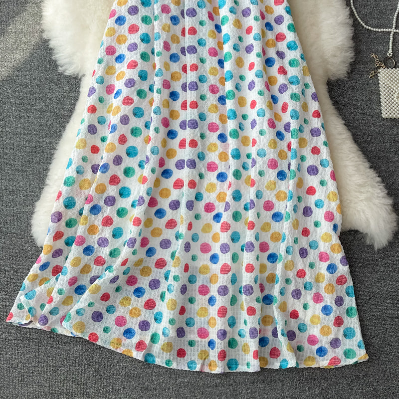 Colorful wave dot loose suspender dress  2819