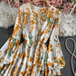 Wind round neck printed Bubble Sleeve Ruffle lace long skirt  3432