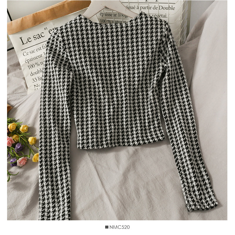 French minority thousand bird lattice short slim and thin blouse for women  2054