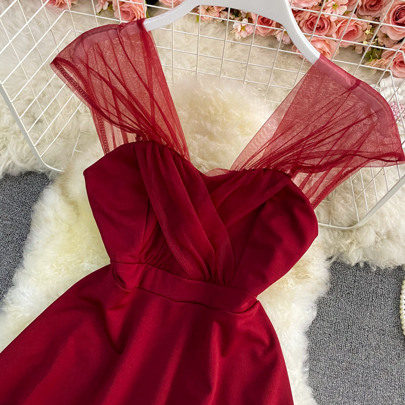 Solid color strapless dress is slim  2788