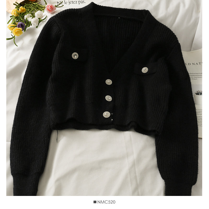 Manteau pull à manches longues et col en V à trois boutons, petit et polyvalent 1733