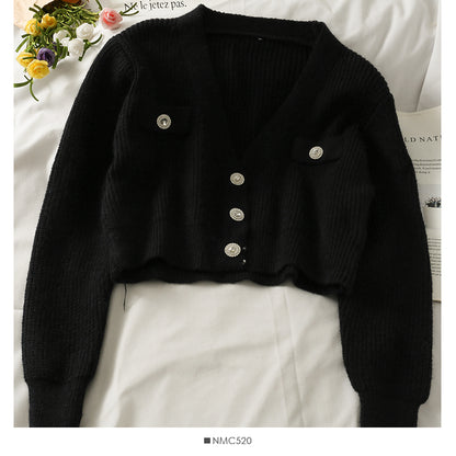 Manteau pull à manches longues et col en V à trois boutons, petit et polyvalent 1733