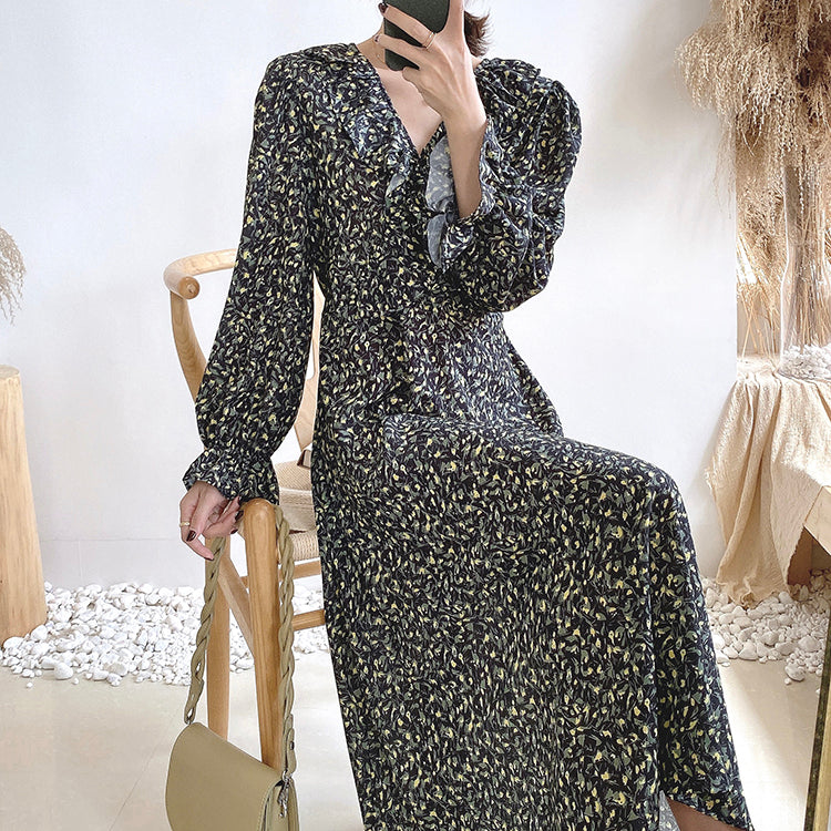 V-neck waist with thin Ruffle sleeve floral long skirt  2259