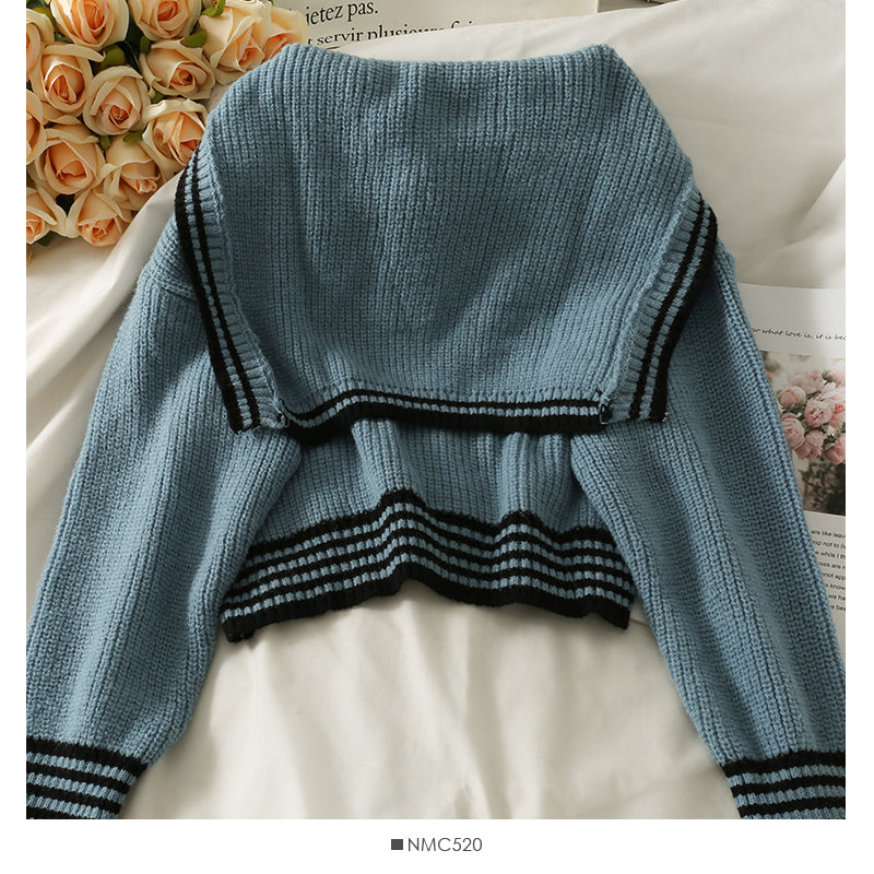 Korean stripe large lapel single breasted short cardigan sweater  2051
