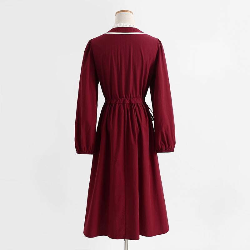 French retro long sleeved dress, college style, slim waist, red bottomed skirt  2269